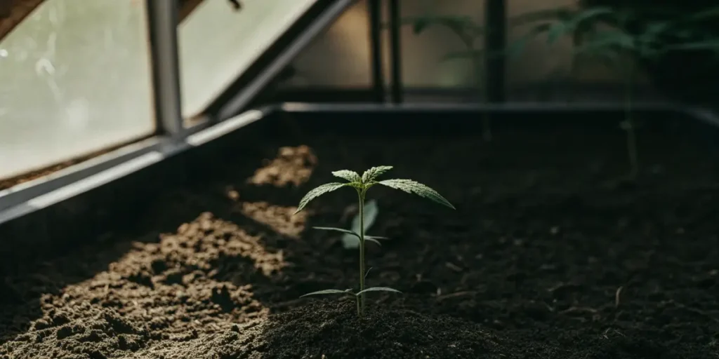 cannabis seedling growing in soil inside a dim greenhouse environment