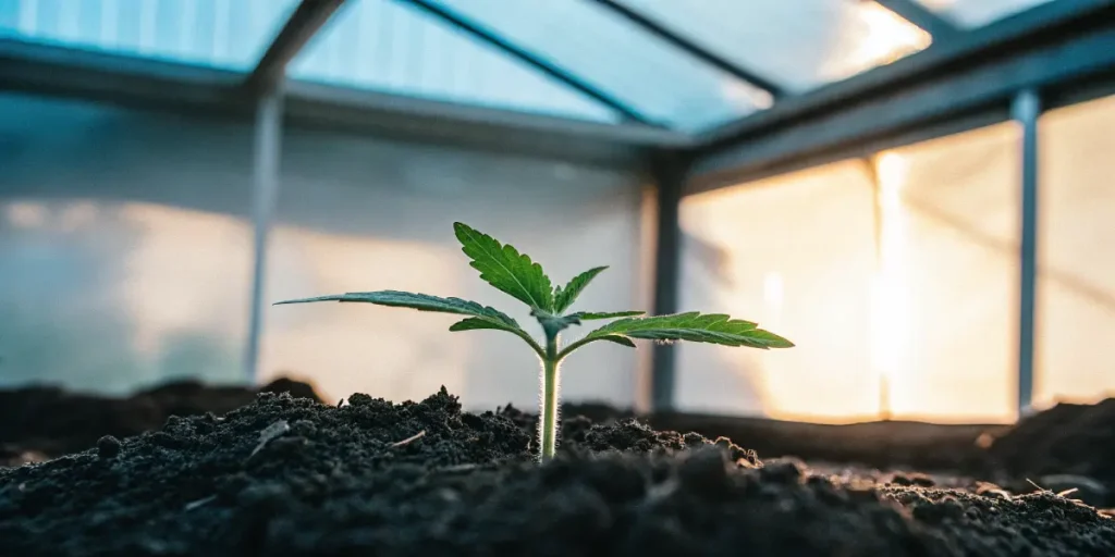 Cannabis seedling emerging from soil inside a greenhouse with natural sunlight