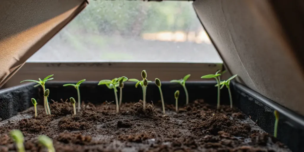 Cannabis seedlings growing in a soil tray with natural light.