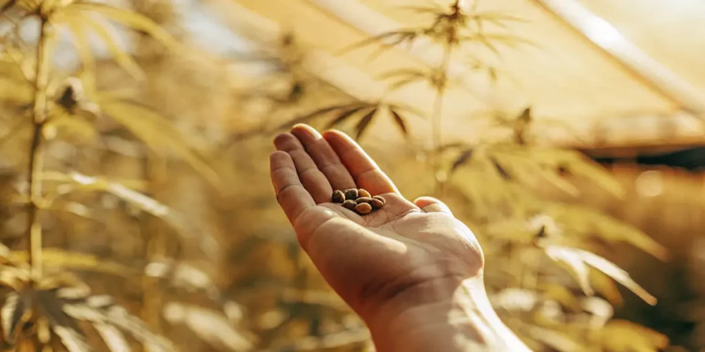 Cannabis seeds held in a hand under warm sunlight.