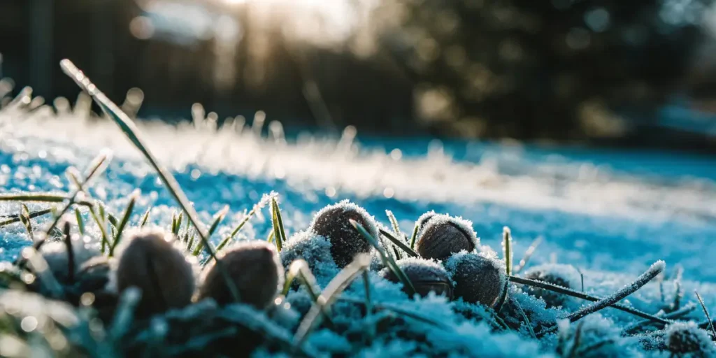 Cannabis seeds in a frosted field at sunrise.