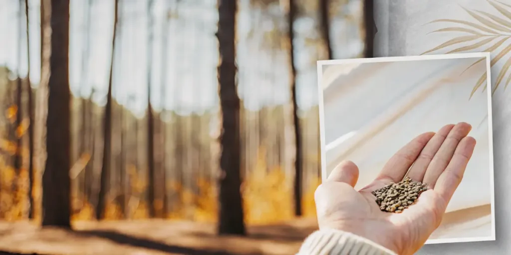 Hand holding cannabis seeds with a blurred forest background.