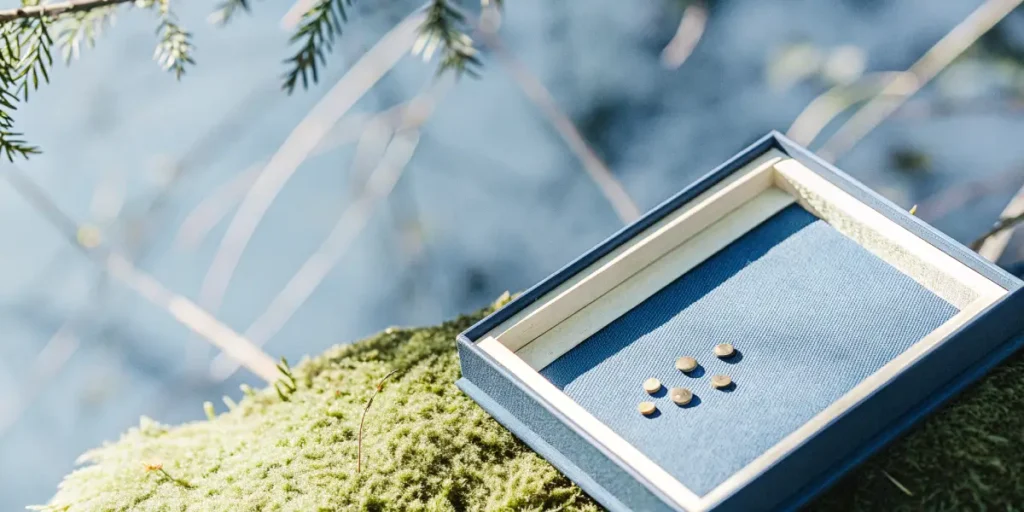 Cannabis seeds displayed on a moss-covered surface in a natural outdoor setting.