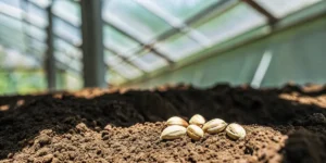 Cannabis seeds resting on fertile soil inside a greenhouse.