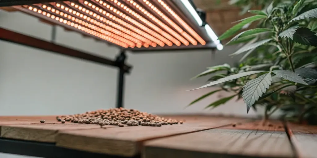 cannabis seeds on wooden table with LED lights and plant leaves nearby