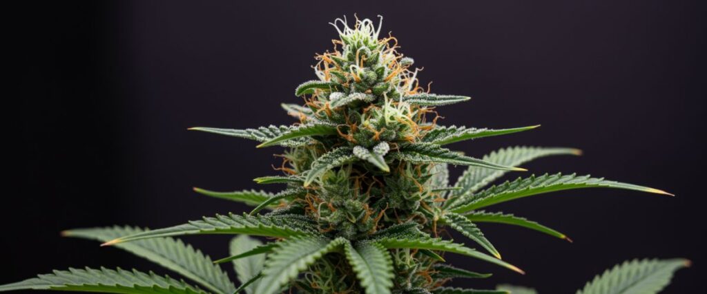 Resin-rich cannabis top cola with orange pistils on dark background.