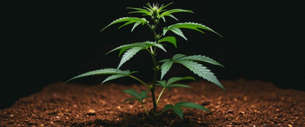 A young cannabis plant growing in rich soil against a dark background. Highlights early growth, strong structure, and healthy root development.