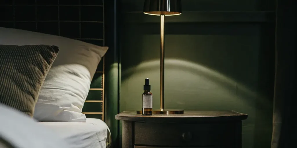 CBD oil bottle on a nightstand under warm lamp light.