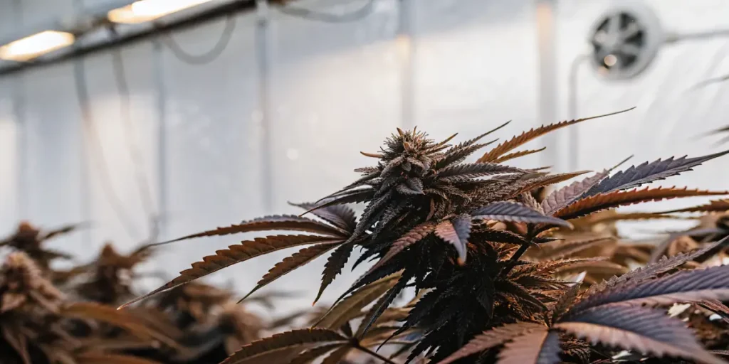 Close-up of a purple cannabis bud with serrated leaves in an indoor grow room.