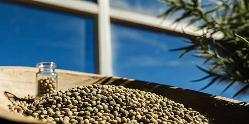 Close-up of premium cannabis seeds in a wooden bowl by the window.