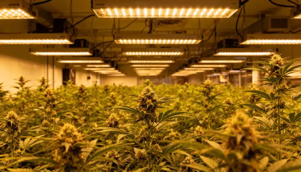 Commercial-indoor-cannabis-grow-lights illuminating rows of flowering cannabis plants.