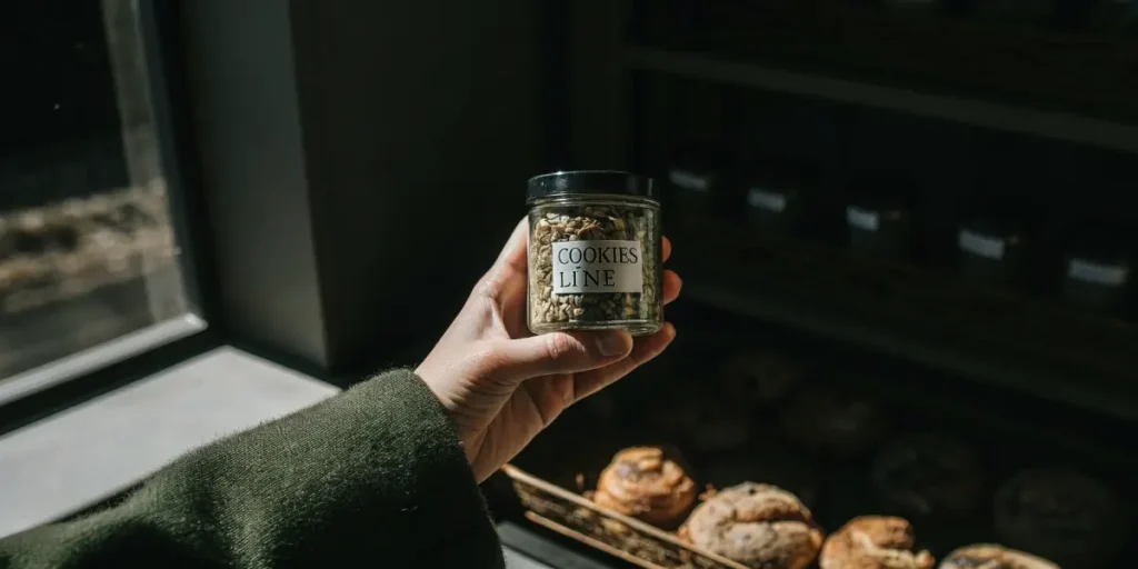 Hand holding Cookies Line cannabis seeds jar near a display shelf.