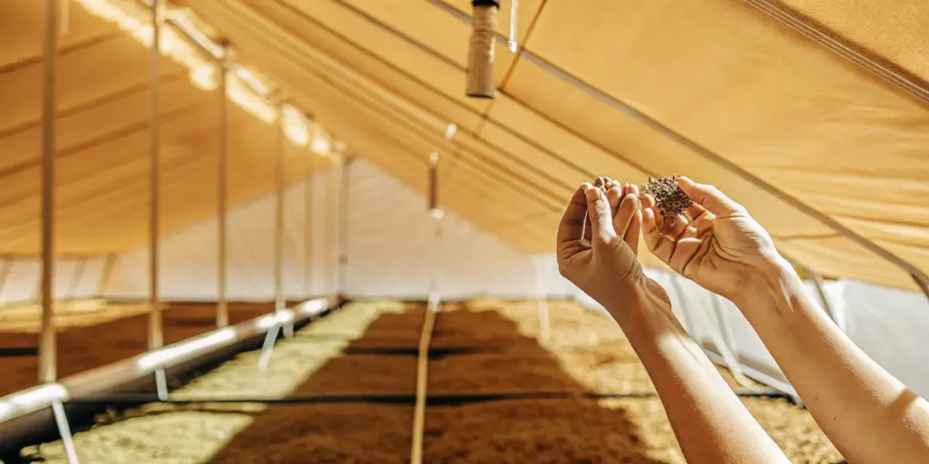 Hands examining photoperiod cannabis seeds inside a greenhouse.