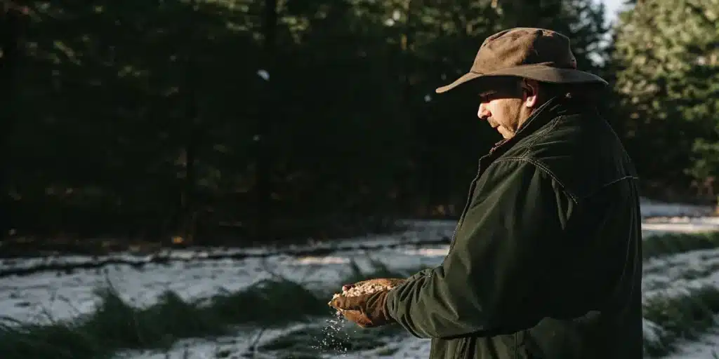 Farmer holding cannabis seeds in a snowy field.