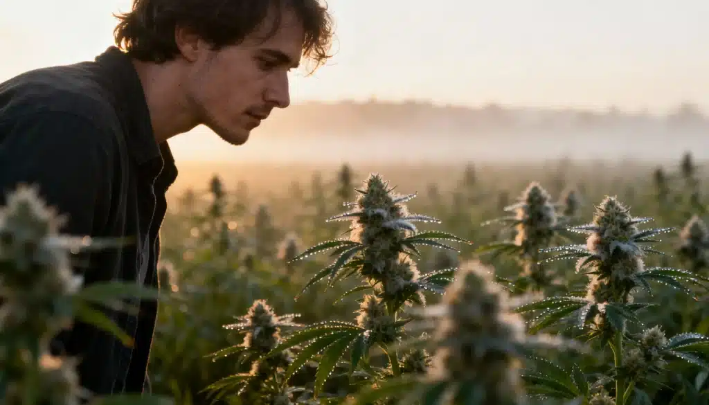 Farmer inspecting dew-covered cannabis plants in field at sunrise.
