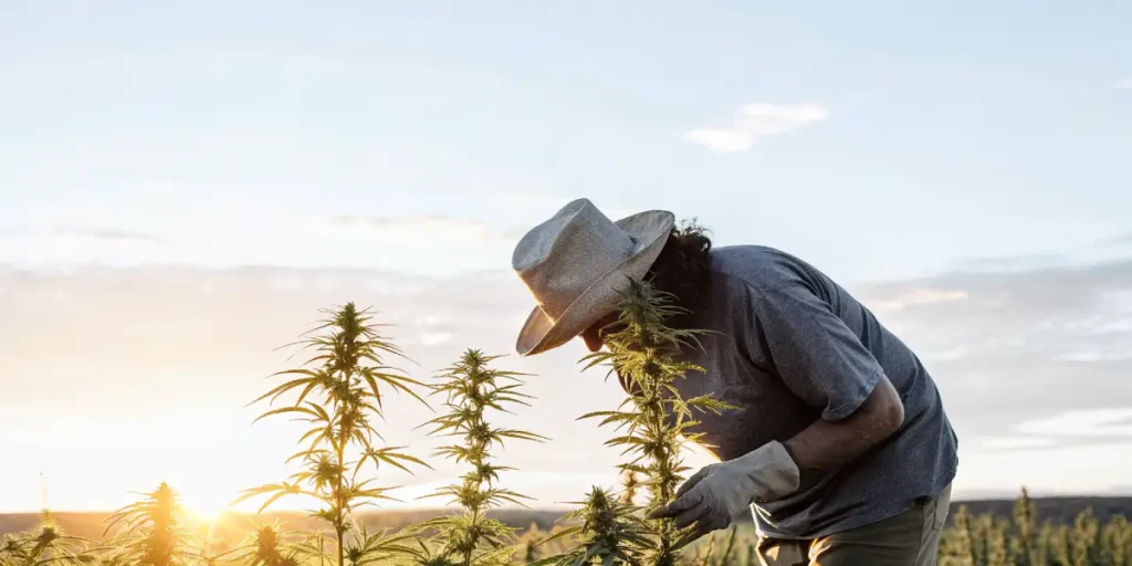 Farmer inspecting tall cannabis plants outdoors during sunset.