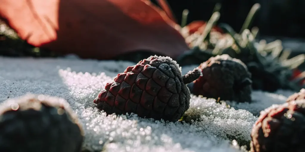 Frost-covered cannabis seed on snowy ground.