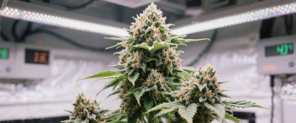 Frosty autoflower plant with dense resin-coated buds under LED indoor lights.