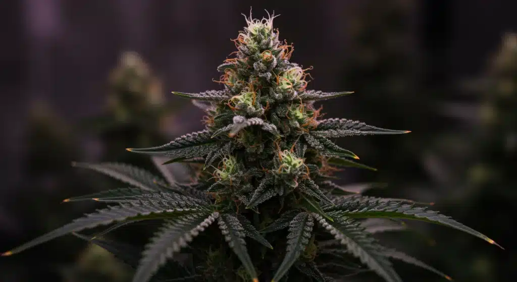 Frosty-cannabis-cola-indoor-bloom with dense trichomes and orange pistils.