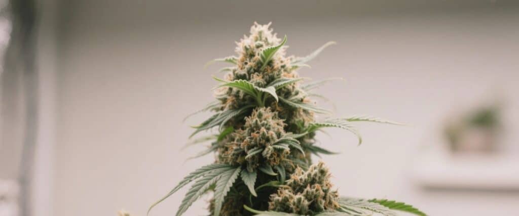Close-up of hybrid autoflower bud with resin glands and dark green leaves.