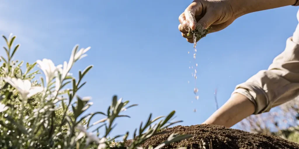 Gardener enriching soil in a sunny outdoor cannabis garden.