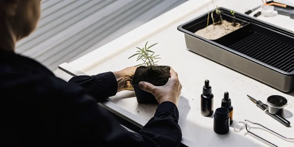 Gardener inspecting a young cannabis seedling in a small pot during early growth stage.