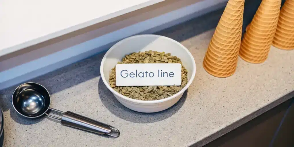 Gelato Line cannabis seeds in a white bowl next to ice cream cones.