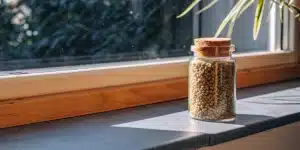 Gelato lineage cannabis seeds stored in a glass jar with cork lid in sunlight.