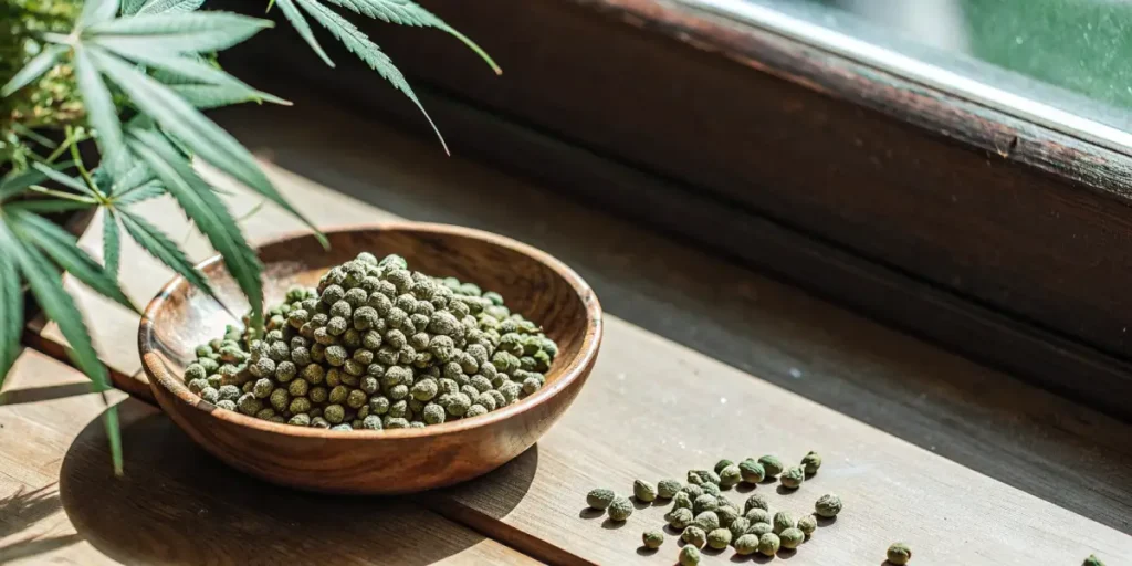 Gelato lineage cannabis seeds in a wooden bowl by the window with sunlight.