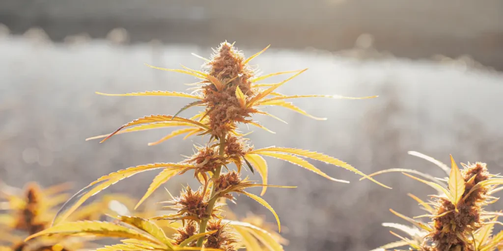 Golden cannabis bud during sunset harvest.