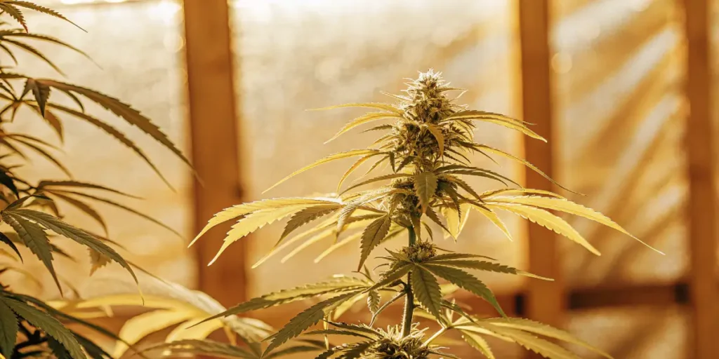 Golden cannabis plant under warm sunlight.