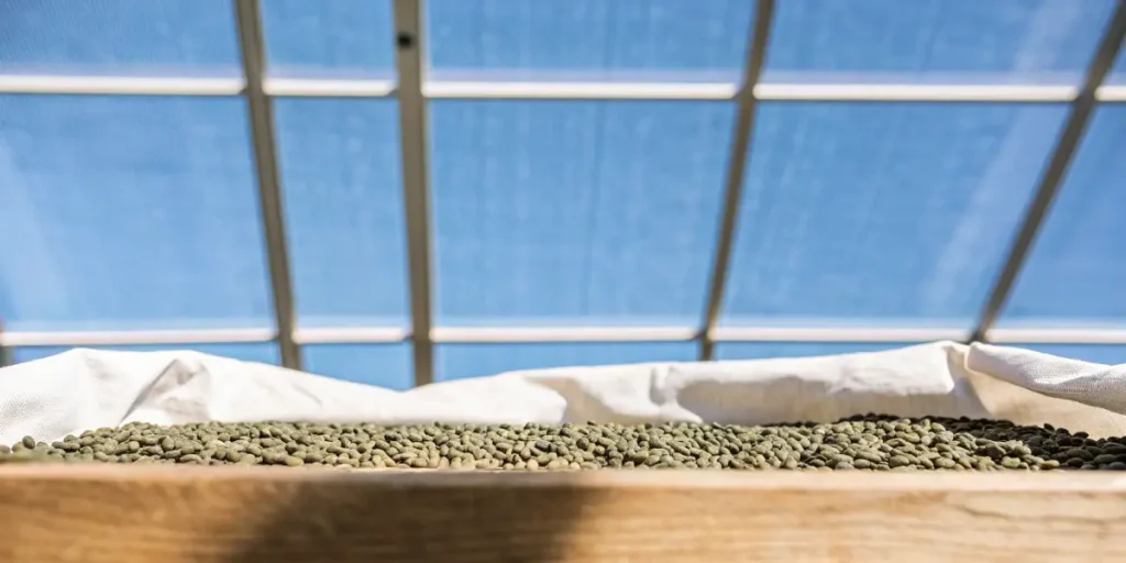 Green coffee beans drying under sunlight in a wooden tray with white cloth.