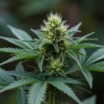 Green Crack Auto plant in flowering stage with compact buds and dark green leaves.