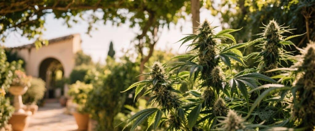 Green Crack Auto plants growing on a sunny patio garden.