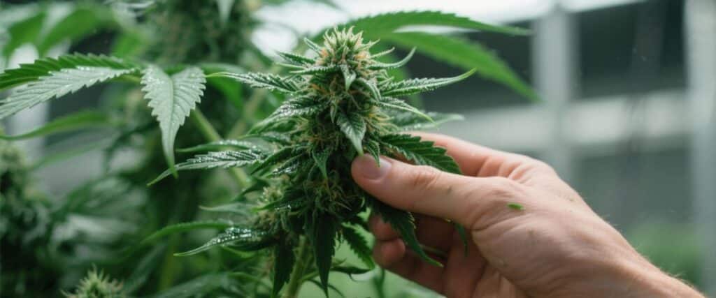 Hand holding a mature Green Crack Auto bud with visible resin.