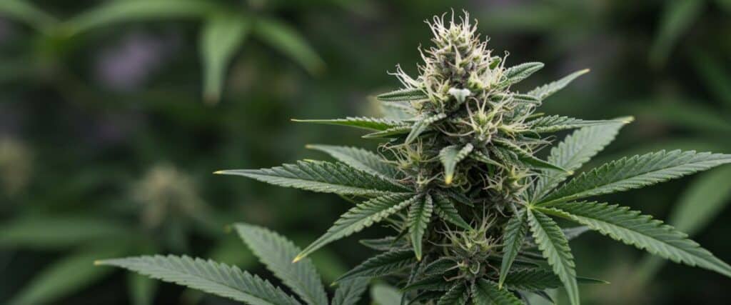 Close-up of Green Crack Auto hybrid bud with visible trichomes and green leaves.