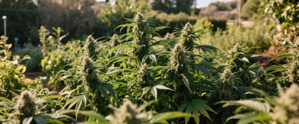 Green Crack Auto plants in full bloom under natural sunlight outdoors.