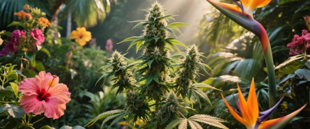 Green Crack Auto plant under sunlight surrounded by hibiscus and bird of paradise flowers.