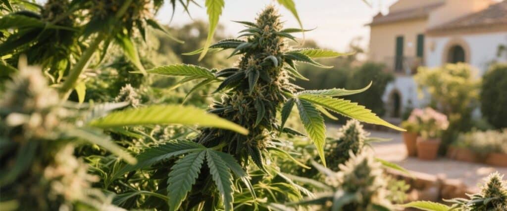 Green Crack Auto plants outdoors at sunset with mature buds.