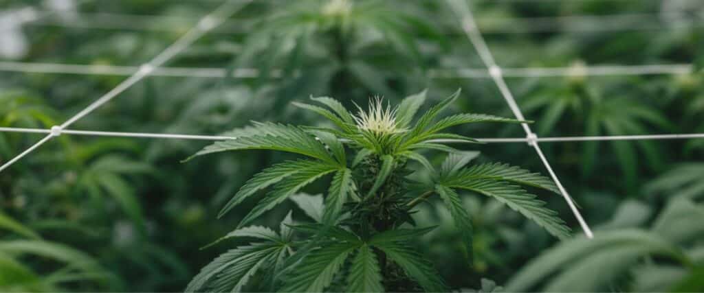 Green Crack Auto plant trained under SCROG net with bright green leaves.