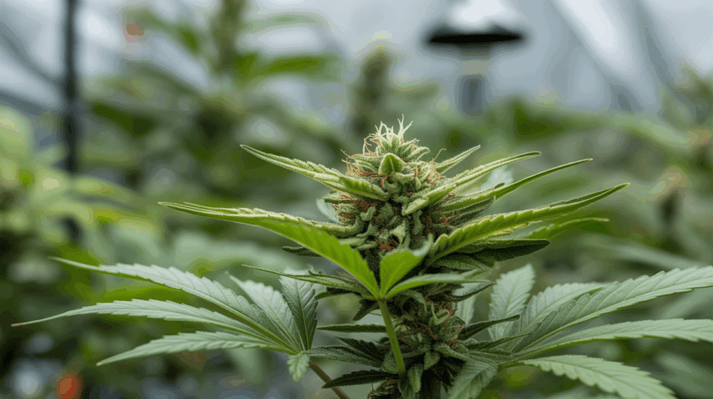 Greenhouse cannabis flowering bud with resin and orange pistils.