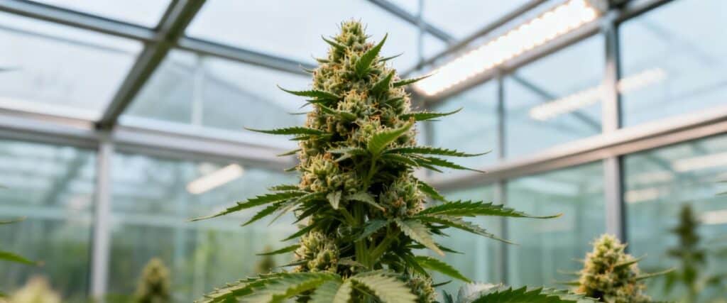 Greenhouse cannabis mature bud with dense flower formation.