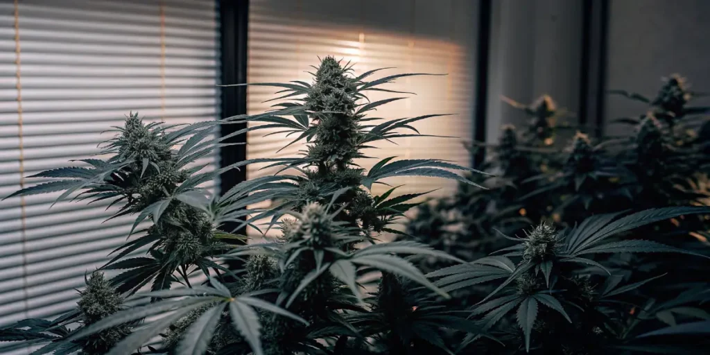 Gros plan dโune plante de cannabis avec des bourgeons rรฉsineux sous lumiรจre intรฉrieure