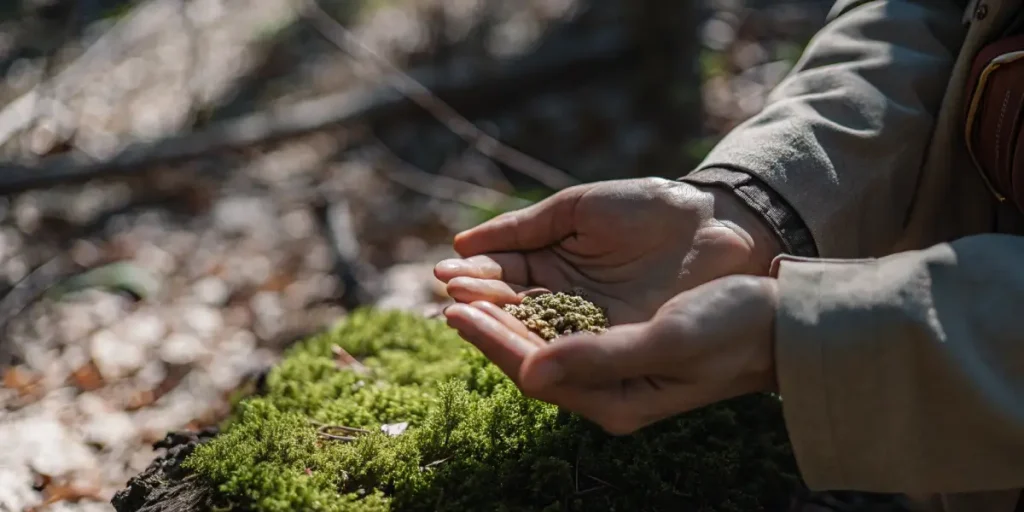 Hands holding a handful of autoflower cannabis seeds outdoors.