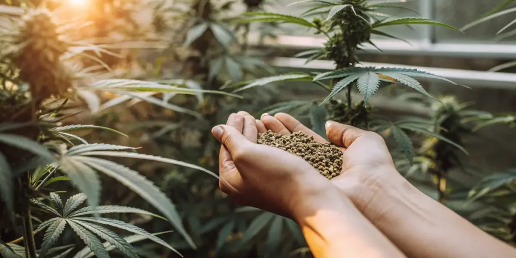 Hands holding cannabis seeds in a greenhouse.