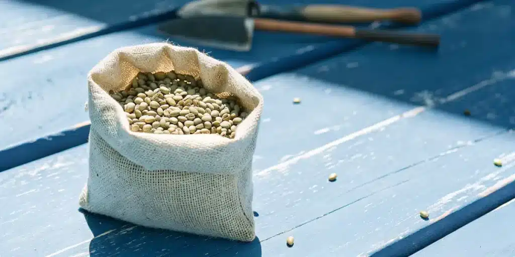 Burlap bag filled with hemp seeds on a blue wooden table in sunlight.