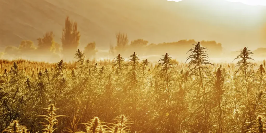 Cannabis fields in the Hindu Kush valley illuminated by sunrise.
