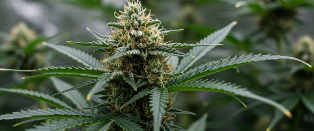 Frosty hybrid flower indoors with compact resinous buds.