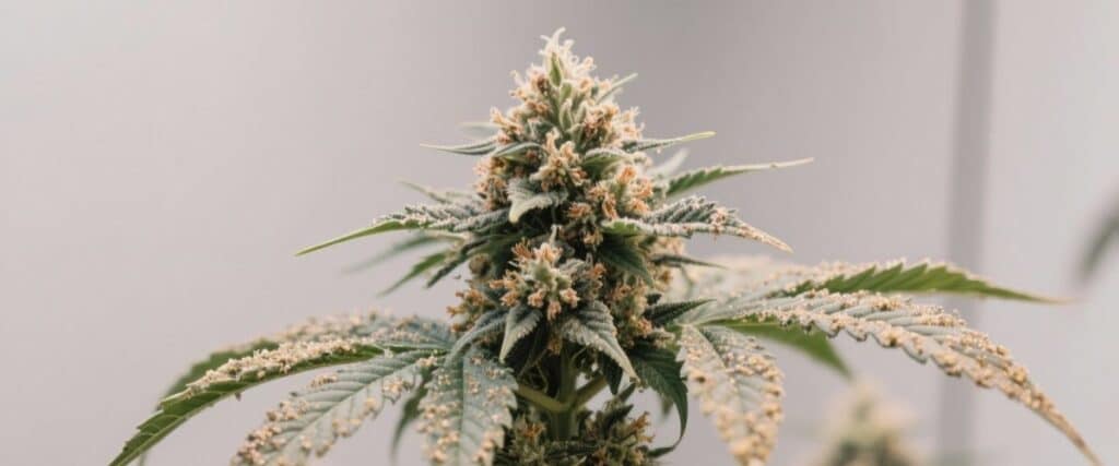 hybrid with dense trichome-covered buds.