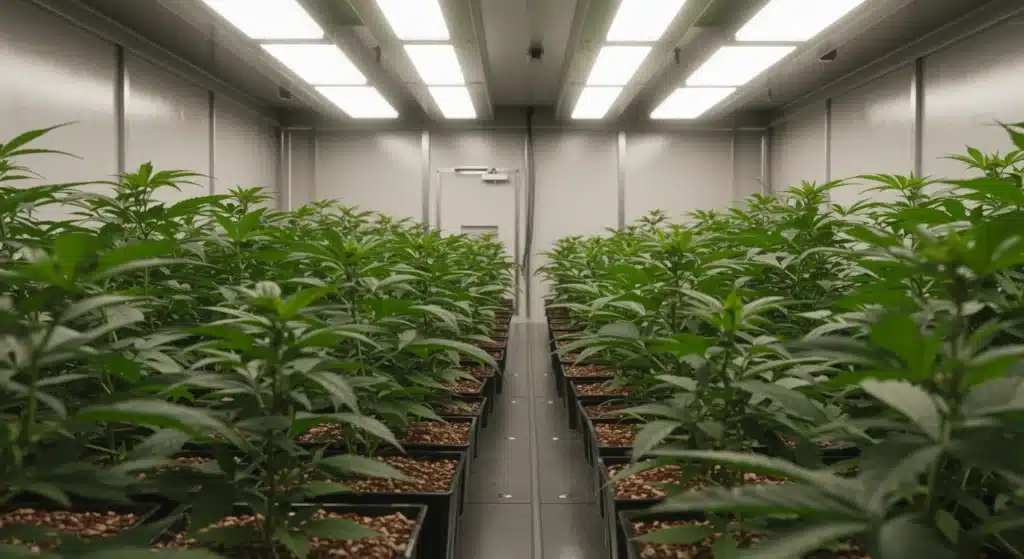 Rows of cannabis plants growing indoors under LED lights.
